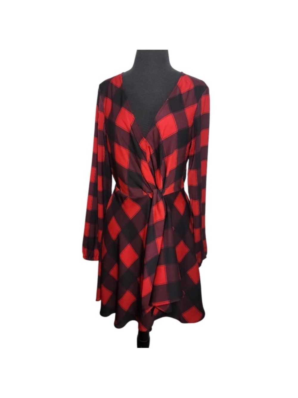 Express Red and Black Long Sleeve Plaid Wrap Dress Sz XS